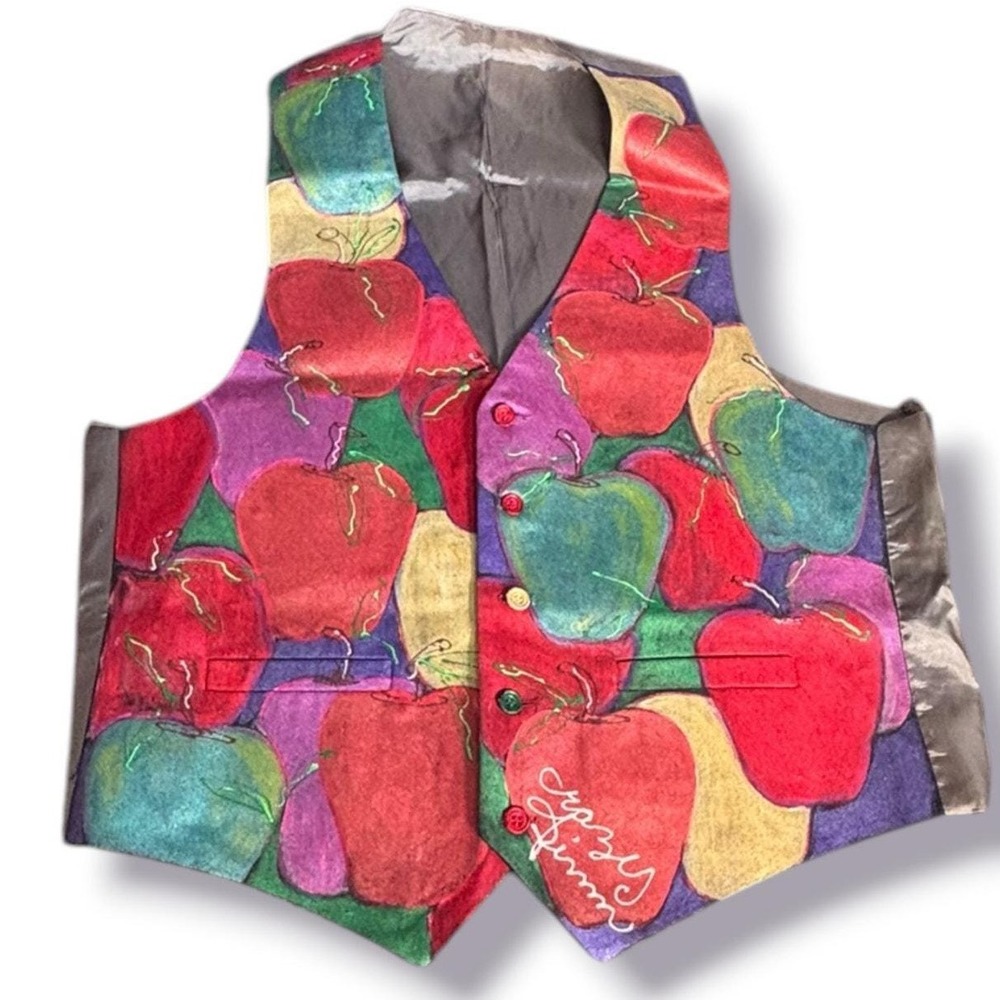 Vintage Handpainted Apple Colorful Button Front Vest Artsy‎ Whimsical Statement